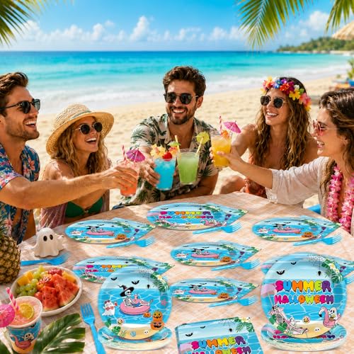 Summer Halloween Party Tableware Set - Skeleton & Tropical Design, Disposable Plates & Napkins for Beach BBQ & Pool Parties