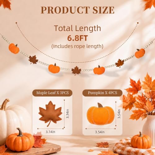 Fall Pumpkin Garland with Maple Leaves & Wood Beads - 6.8 ft Autumn Decor - Pumpkin Variation