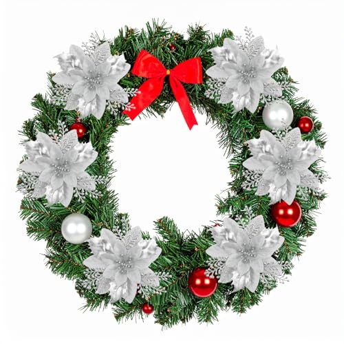 Silver Glitter Poinsettia Christmas Tree Decorations - 24 Pack, 6 Inch Holiday Ornaments with Clips