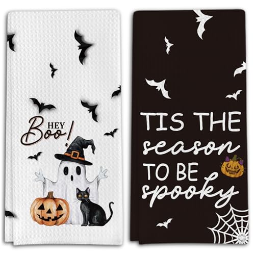 Ghost Pumpkins Bats Cat Hey Boo Halloween Waffle Weave Kitchen Towels - Apricot Variation