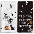 Ghost Pumpkins Bats Cat Hey Boo Halloween Waffle Weave Kitchen Towels - Apricot Variation