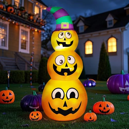 Inflatable Halloween Pumpkins with Witch Hat and LED Lights - 5 Ft Outdoor Yard Decor