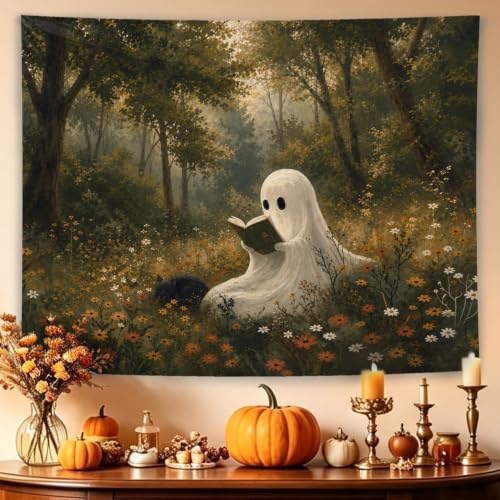 Halloween Ghost Reading Tapestry - Whimsical Forest Decor 50x60 Inch - Reading Variation
