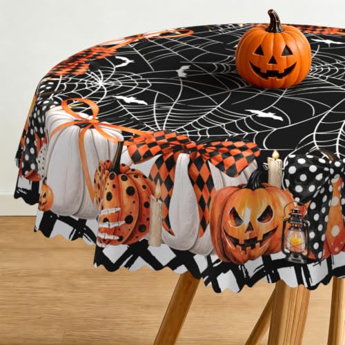 Halloween Pumpkin Dots Bat Spider Web Round Tablecloth 60x60 Inch - Waterproof & Wrinkle-Resistant Halloween Decor Variation of THIS listing