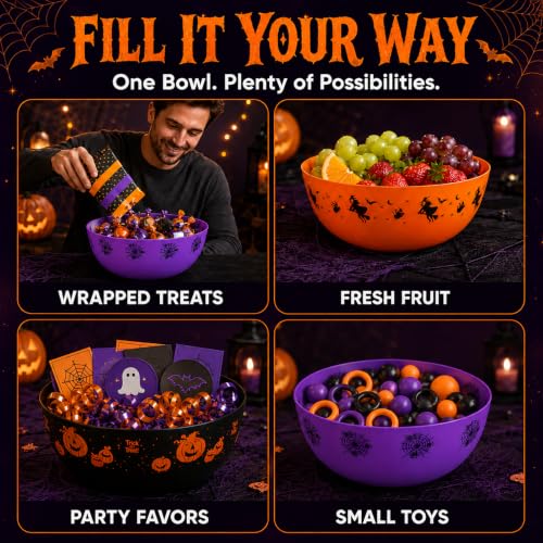 Halloween Candy Bowls Set - Ghost Pumpkin Spider Web Trick or Treat Decor - Black, Orange, Purple