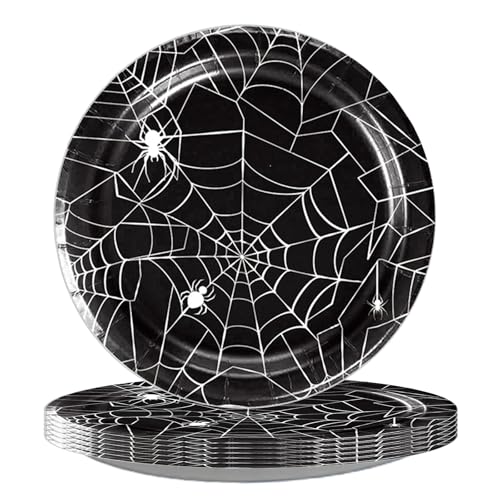 Halloween Spider Web Paper Plates Set - Disposable Black & White Party Dinnerware for 12