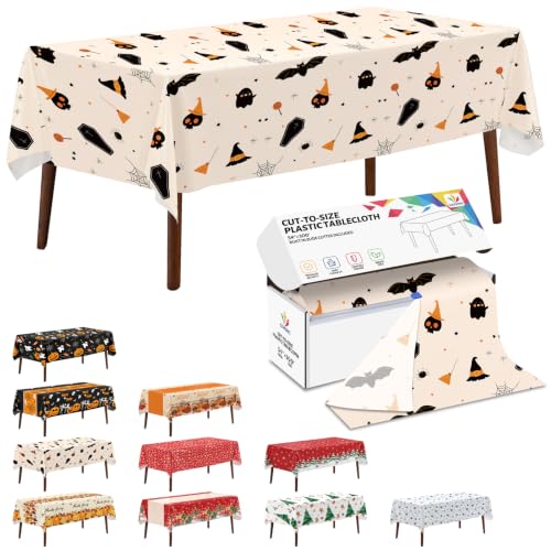 Halloween Beige Plastic Table Cover Roll - 54 x 300 Feet with Slide Cutter - Ghost Bat Pattern, Disposable Party Tablecloth (Variation of THIS listing: 3600" x 54")