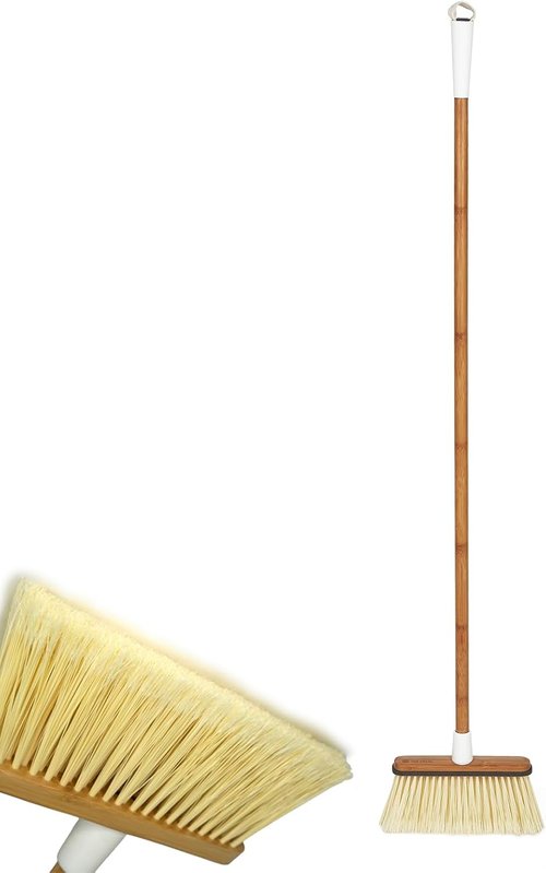 Full Circle Clean Sweep Bamboo Broom - Angled Design for Precision Cleaning - Ideal for Pet Hair & Indoor/Outdoor Use, White