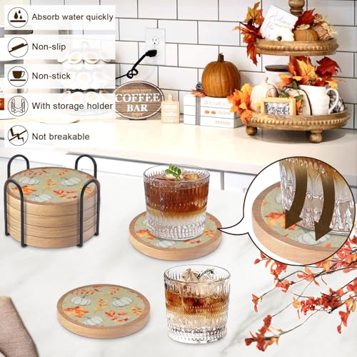 Pumpkins Coaster Set of 6 - Halloween Fall Round Drink Mats for Table Protection