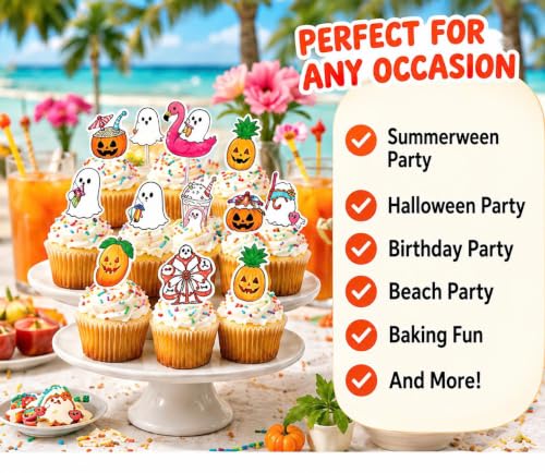 24PCS Halloween Cupcake Toppers Ghost Pumpkin Tropical Party Decorations