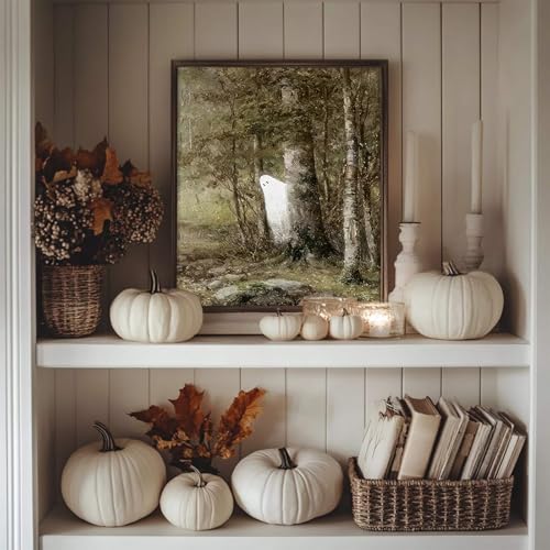 Halloween Wall Art Prints - Cute Ghost in Vintage Autumn Landscape - Fun Ghost Variation