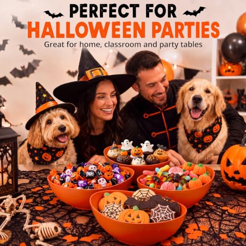 Set of 4 Halloween Orange Plastic Candy Serving Bowls - Trick or Treat