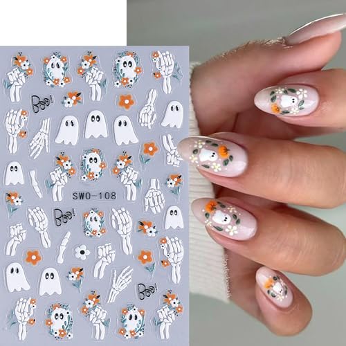 Halloween Nail Art Stickers Decals - Ghost, Pumpkin, Spider Web 4PCS - Self-Adhesive 5D Embossed Nail Decorations - Halloween