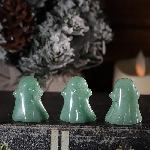 Mini Green Aventurine Crystal Ghost Figurine Set for Halloween Decor - 2 Pieces