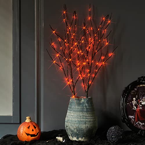 Halloween Lighted Branches with Timer - 100 LED Orange Fairy Lights - Black Tree Branches 32 Inch - Battery Operated - Variation of 100LEDs Orange Branches