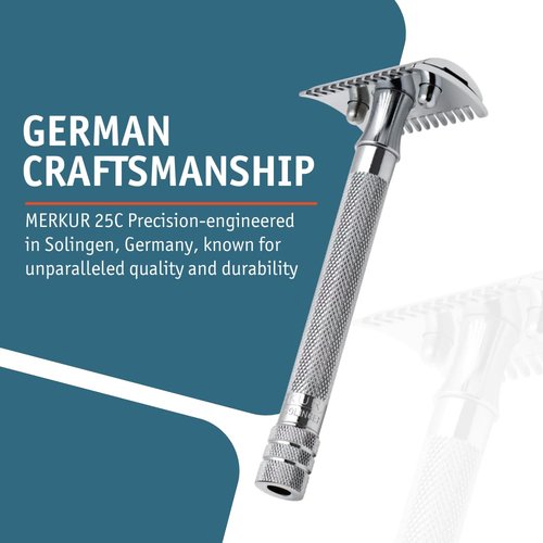 MERKUR 25C Double Edge Safety Razor - Bright Chrome Open Comb Design, Long Handle, Plastic-Free