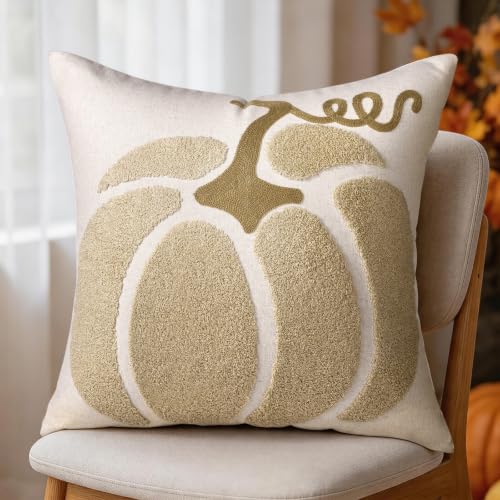 Beige Fall Pumpkin Pillow Cover 18x18 Autumn Halloween Thanksgiving Decor