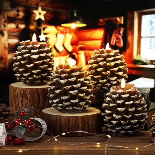 4 Pcs LED Pine Cone Flameless Candles Battery Operated Holiday Decor - Warm Light