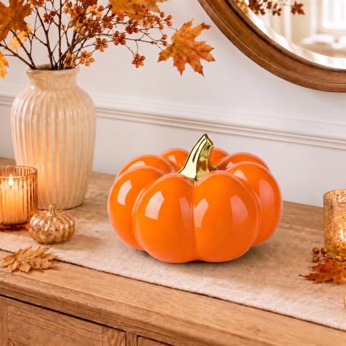 Orange Ceramic Pumpkin Halloween Decor - 8.2 Inch Fall Harvest Accent - Sibling Variation