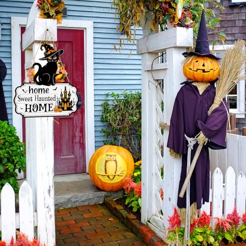 Large Black Cat Halloween Door Wreath Wooden Front Door Sign Haunted Home Decor