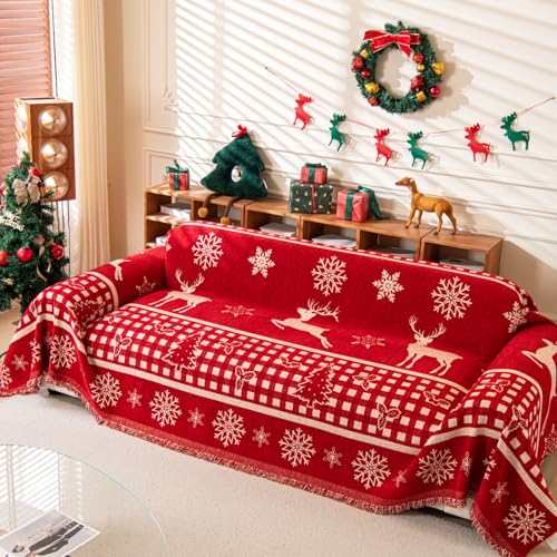 Reversible Christmas Sofa Cover for 2-3 Cushion Couch - Red Deer 71x102 Inches