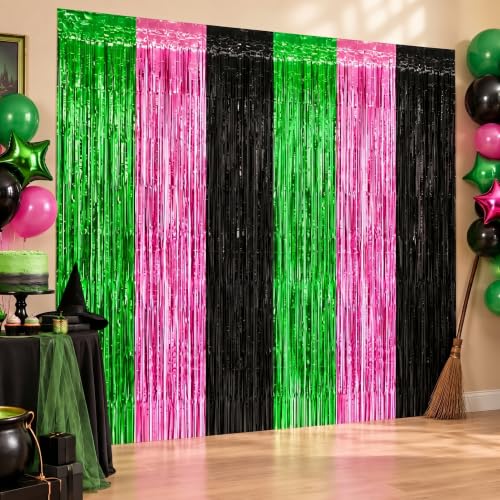 Pink Green Black Foil Fringe Curtains - 2 Pack for Birthday & Witch Theme Parties