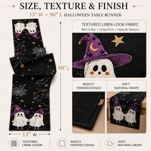 Halloween Table Runner 90 Inches - Black Ghosts Cats Witch Hats Web Decor