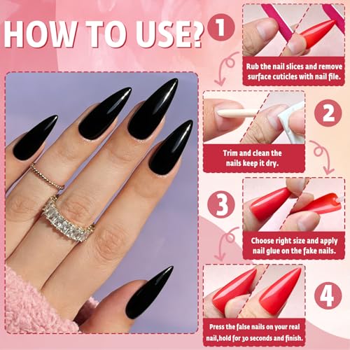 Black Long Stiletto Press On Nails Kit - 120pcs False Nails with Glue & Tools