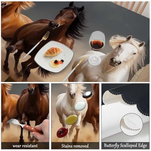 Horse Tablecloth 52x70 Inch Rectangular Desert Sand Herd Run Decor - Washable Plaid