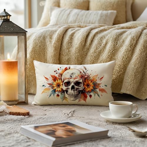 Halloween Skull Pillow Cover 12x20 Floral Skeleton Fall Home Decor