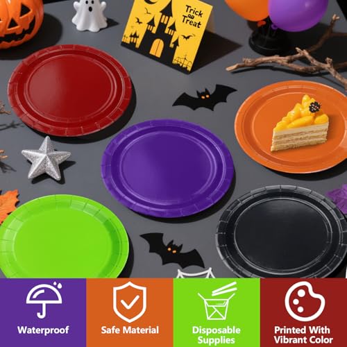 Halloween Paper Dinner Plates 9 Inch Bulk Pack - Black, Orange, Purple, Green, Red - Party Supplies