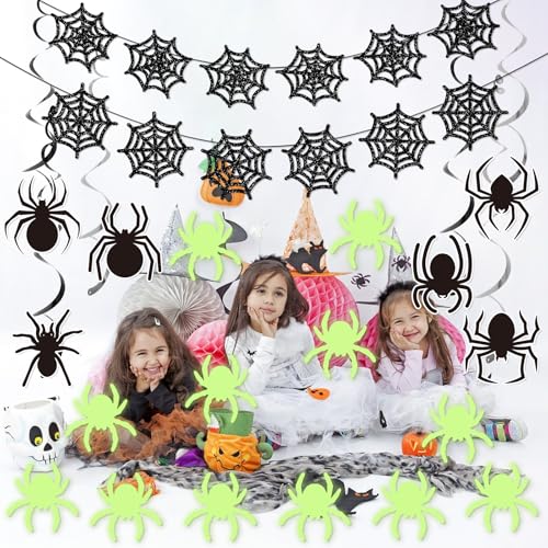 Halloween Hanging Spider Web Decorations Set with Glitter Garlands and Glow-In-The-Dark Stickers