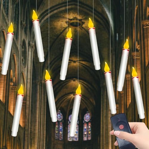 White Floating Candles with Remote - 10 Pack Flameless Hanging LED Taper Candles