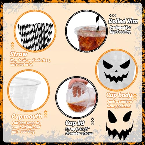 Black Pumpkin Face Halloween Disposable Plastic Cups with Lids & Straws - 12oz, 60 Pack