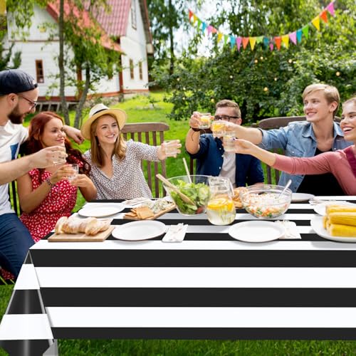 White and Black Horizontal Striped Table Cloth 3pcs 54x108 Inches for Rectangular Tables - Disposable