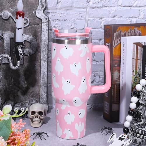 Pink Ghost Halloween Tumbler 40 oz Travel Coffee Cup with Handle & Straw