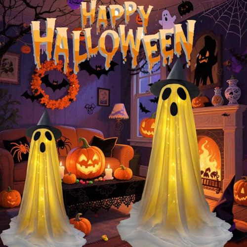 Big Ghost Halloween Light-Up Decorations - 4.76Ft Outdoor Indoor Spooky Decor with Witch Hat
