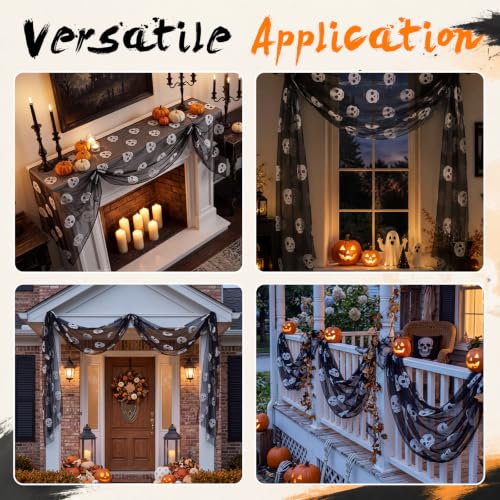 Halloween Skeleton Table Runner 10 ft Mesh Tulle with Embroidered Skull Design - 3 Pack - Black & White