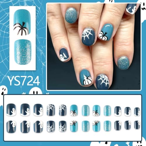 Halloween Short Square Press On Nails with Ghost Pumpkin & Web Design - Blue Glitter Full Cover Reusable 24Pcs - Variation: Color33