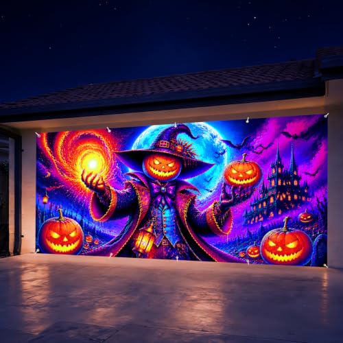 7x16 ft Halloween Garage Door Banner - Blacklight Glow-in-The-Dark Pumpkin Wizard Scene - Outdoor Party Decor - Variation 278