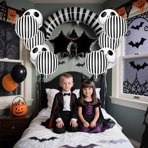 Halloween Skeleton & Black & White Striped Foil Balloons Set - 12 pcs Party Decor