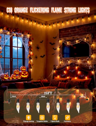 Vintage Rustic Halloween Flickering Flame String Lights - 25FT, Spooky Orange Bulbs