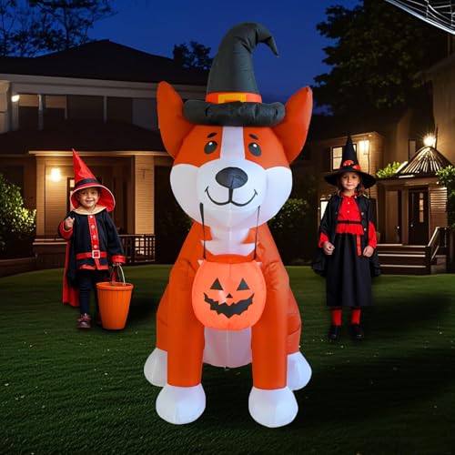 Inflatable Corgi Dog Halloween Yard Decoration with Pumpkin, LED Lights, 6 Feet