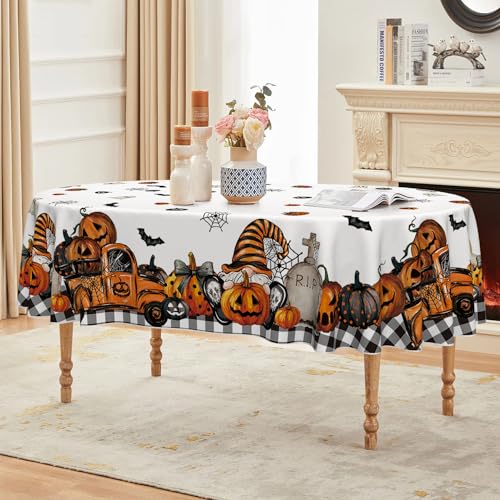 Halloween Tablecloth 60 x 84 Inch Oval Ghost Pumpkin Orange - Durable Polyester