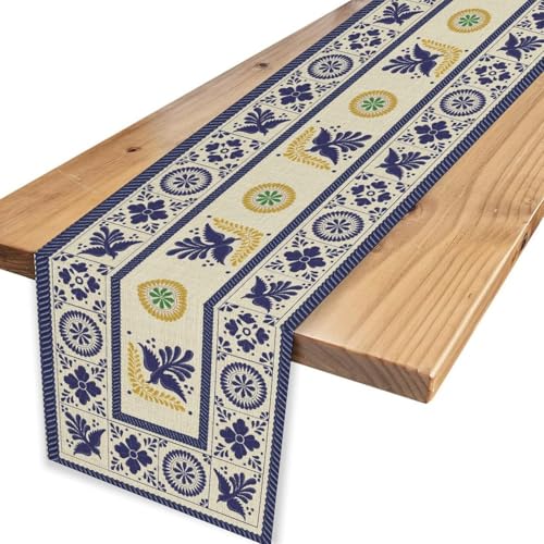 Ceramic Mexican Table Runner 13x36 Inches - Blue Floral Birds, Farmhouse Decor