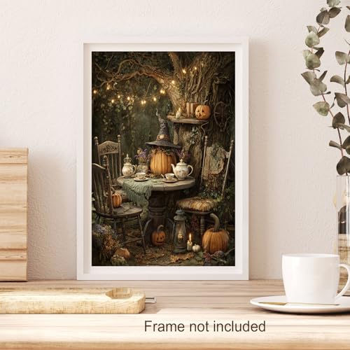 Unframed Vintage Fall Wall Art Pumpkin Witch Tea Party Canvas 11x14in