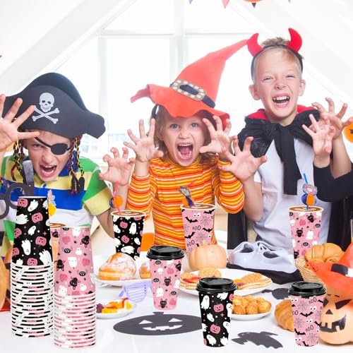 Pink Halloween Disposable Coffee Cups with Lids - 12oz Ghost Bat Pumpkin Set, 72 Pack