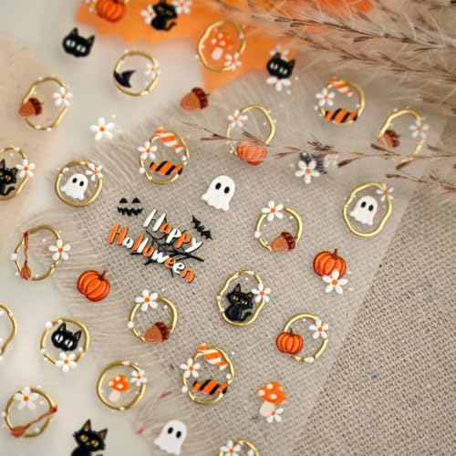 Halloween Pumpkin Nail Art Stickers 5D Embossed Ghost Cats Decals - Halloween Pumpkin Variation