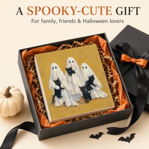 Halloween Wood Box Decor - Ghosts and Black Cats Sign - Style 34 - 5x5 Inch