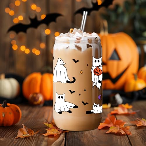 Halloween Cat Ghost Glass Cup with Lid and Straw - Spooky Cute Party Drinkware